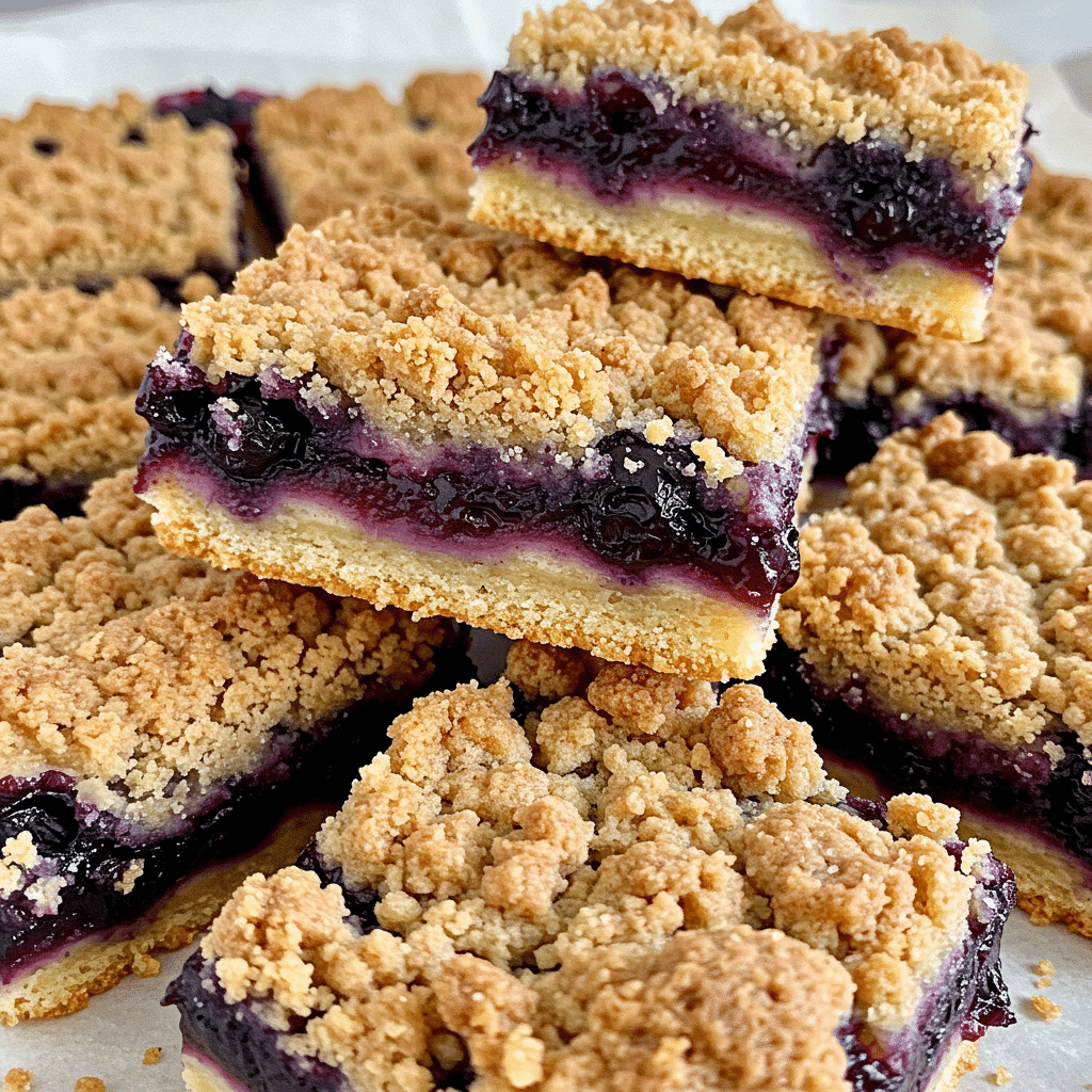 Golden brown blueberry crumble bars cut into squares, showing layers of buttery crust, juicy blueberry filling, and crumbly topping