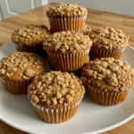 Apple Crumble Muffins 8 Golden brown apple crumble muffins with chunky cinnamon crumble topping, fresh diced apples visible in the tender muffin base, arranged on a wire cooling rack