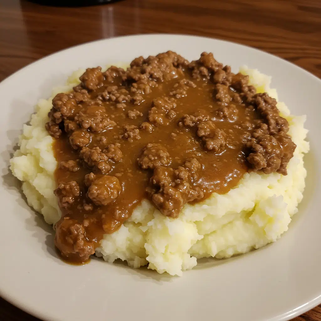 Hamburger Gravy Over Mashed Potatoes 7 Creamy hamburger gravy over mashed potatoes in a white bowl, garnished with black pepper and fresh herbs