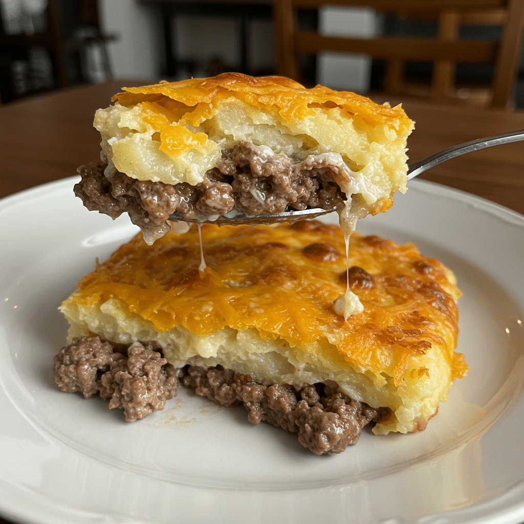 Golden, bubbly hamburger potato casserole with melted cheddar cheese in a white baking dish