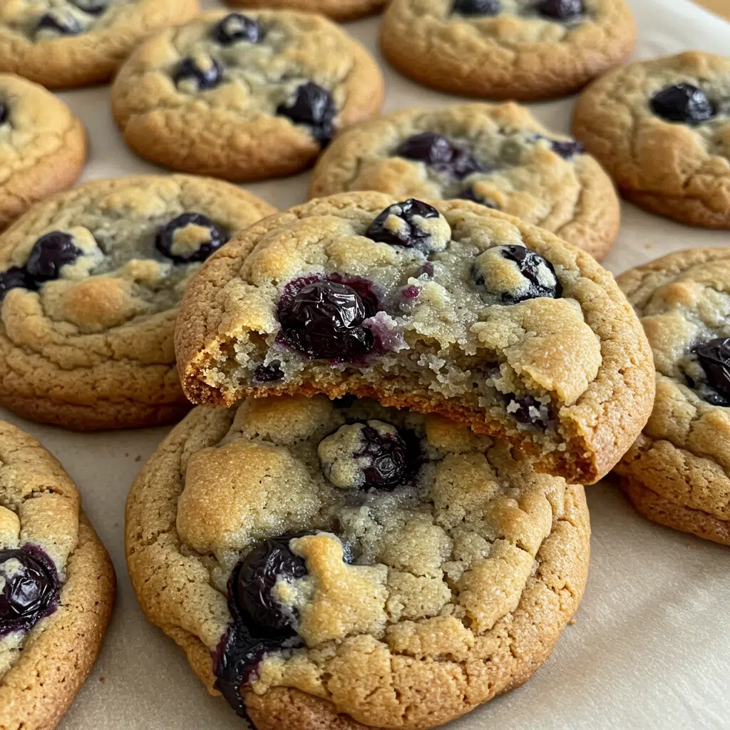 Chewy Blueberry Cookies 7 Golden brown chewy blueberry cookies cooling on a wire rack, studded with plump fresh blueberries