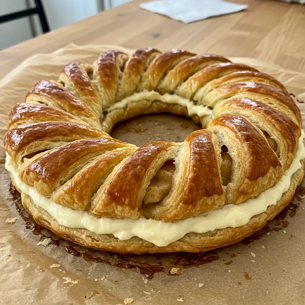 Apple Puff Pastry Ring 7 Golden-brown Apple Puff Pastry Ring, dusted with cinnamon sugar, arranged on parchment paper