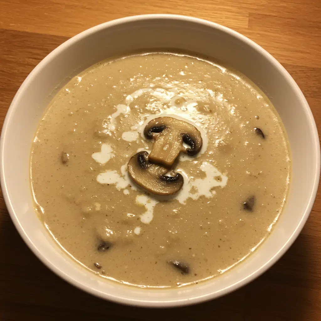 Creamy homemade mushroom soup in white bowls garnished with fresh parsley, served with crusty bread