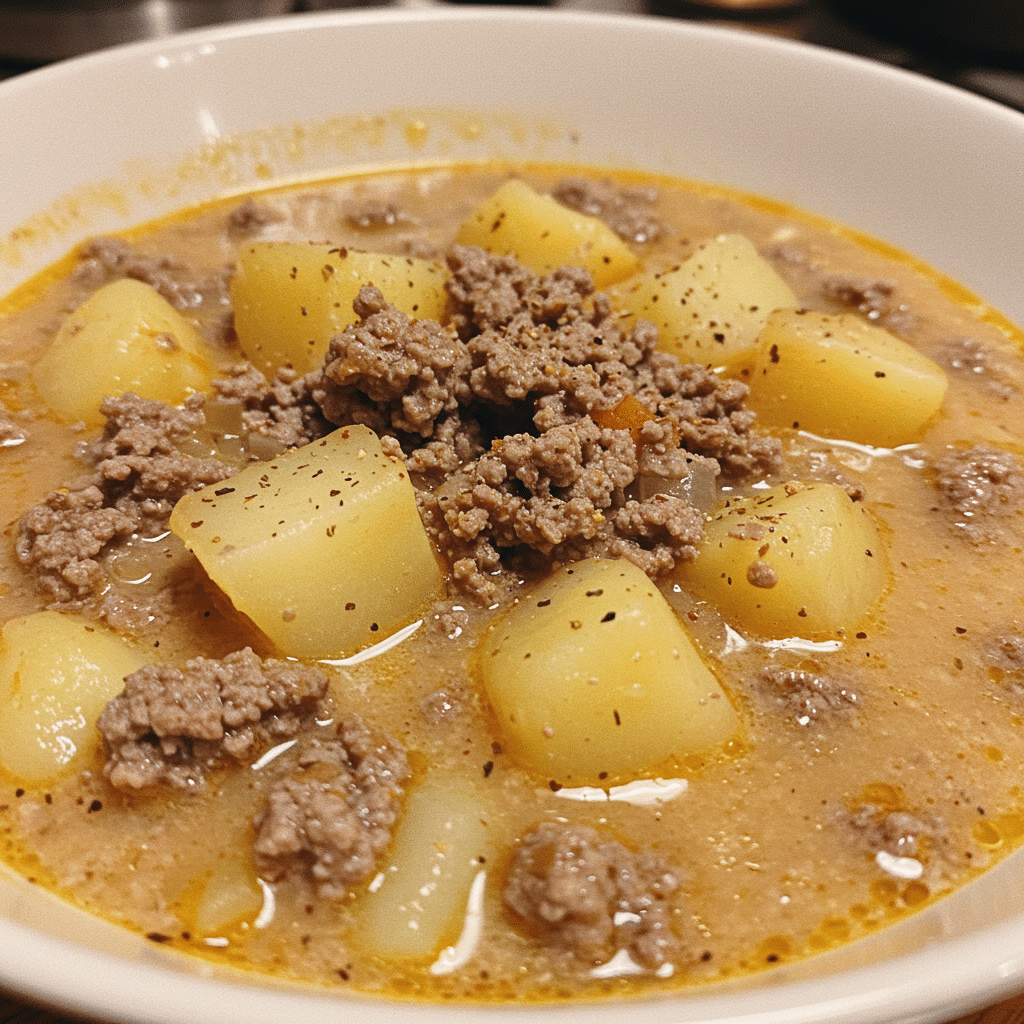 Hamburger Potato Soup 6 A steaming bowl of creamy hamburger potato soup garnished with shredded cheese and green onions