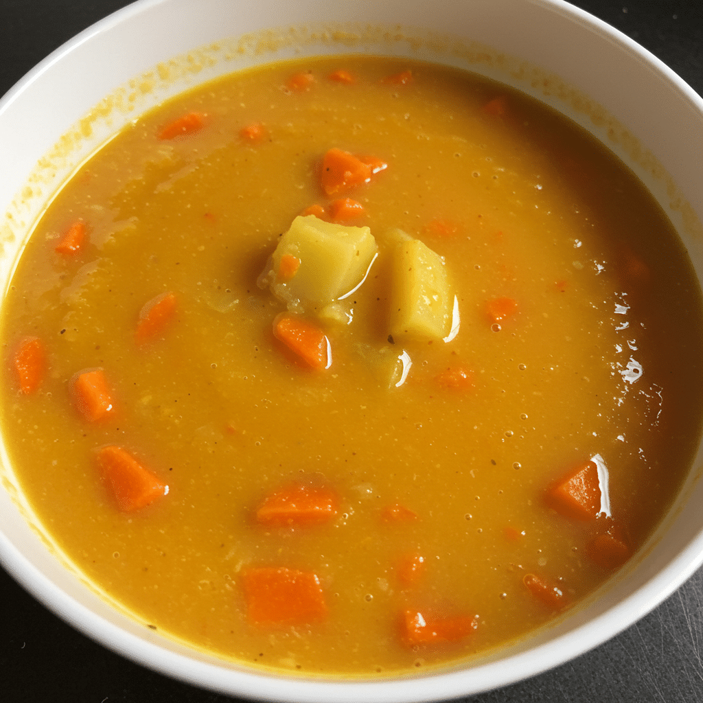 A bowl of golden, creamy carrot potato soup garnished with pepitas, served alongside crusty bread on a rustic wooden table.
