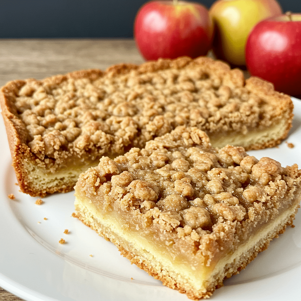 Golden brown apple crisp shortbread bars with three distinct layers - buttery shortbread base, spiced apple middle, and crumbly oat topping, cut into squares and displayed on a white serving plate.