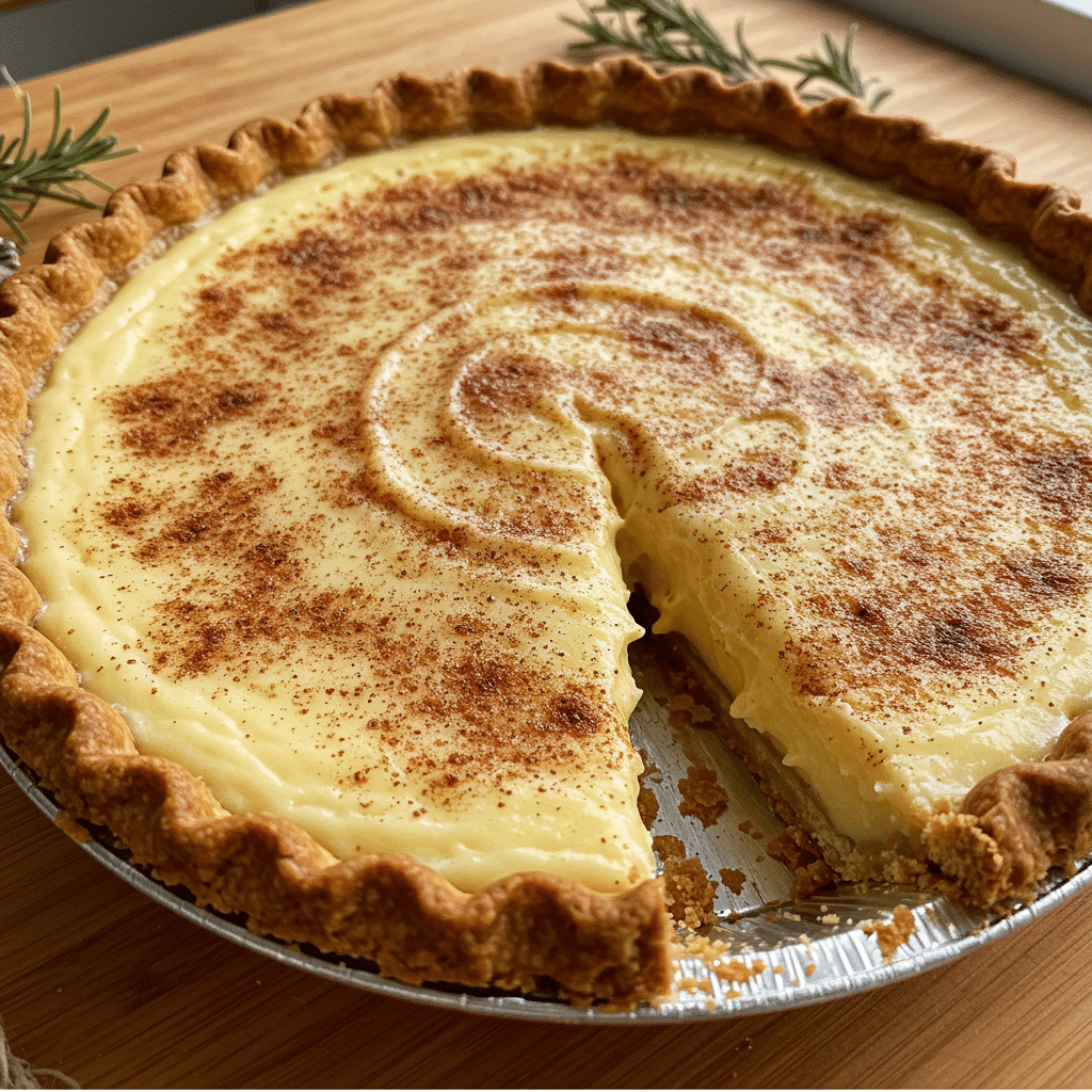 Christmas Eve Cinnamon Vanilla Creamy Custard Pie 4 golden Christmas Eve Cinnamon-Vanilla Creamy Custard Pie on a white plate, topped with whipped cream and a dusting of cinnamon, with the whole pie visible in the background