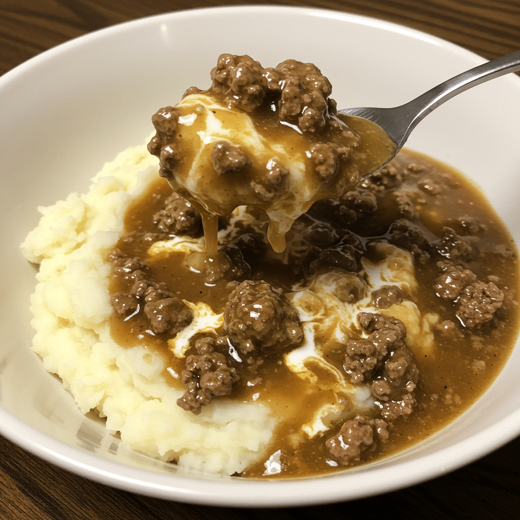 Creamy hamburger gravy over mashed potatoes in a white bowl, garnished with black pepper and fresh herbs