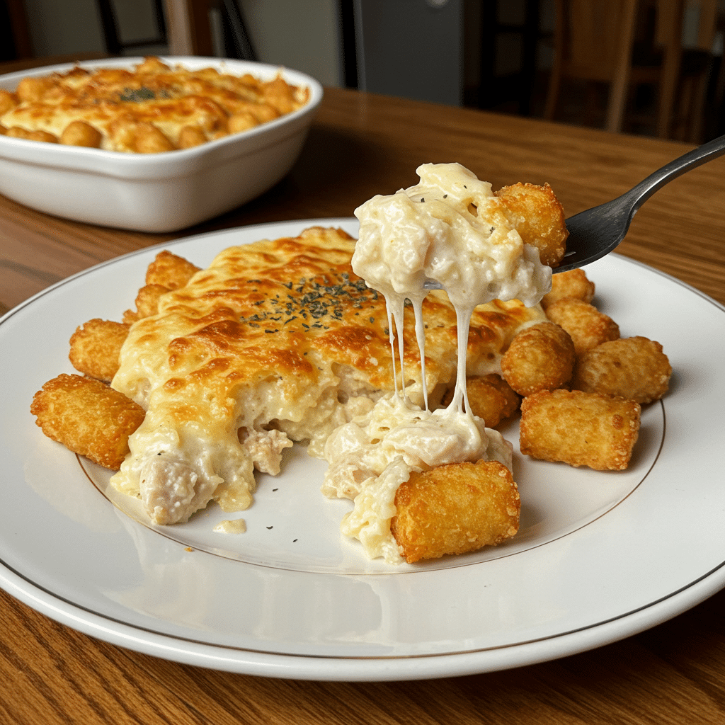 Golden brown tater tot casserole with melted cheese and fresh parsley garnish in a white baking dish