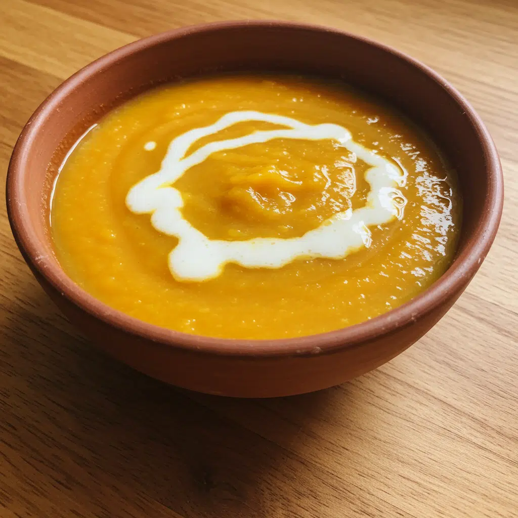 Creamy Acorn Squash Soup 7 Golden orange acorn squash soup in a white bowl topped with pumpkin seeds, fresh thyme, and a swirl of coconut cream
