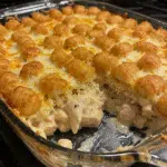 Chicken Alfredo Tater Tot Casserole 10 Golden brown tater tot casserole with melted cheese and fresh parsley garnish in a white baking dish