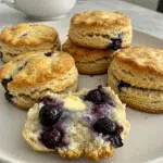 Blueberry Biscuits 10 Golden brown fluffy blueberry biscuits on a white plate with fresh blueberries scattered around