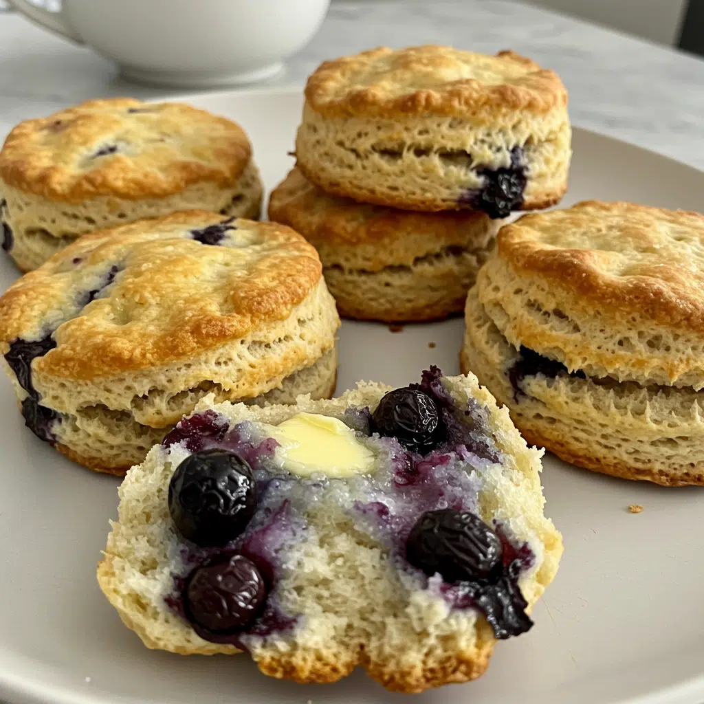 Blueberry Biscuits 9 Golden brown fluffy blueberry biscuits on a white plate with fresh blueberries scattered around