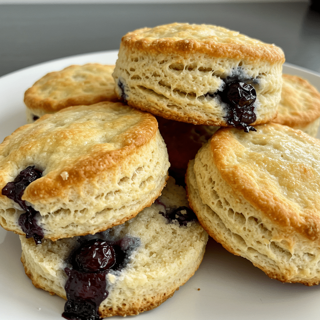 Golden brown fluffy blueberry biscuits on a white plate with fresh blueberries scattered around