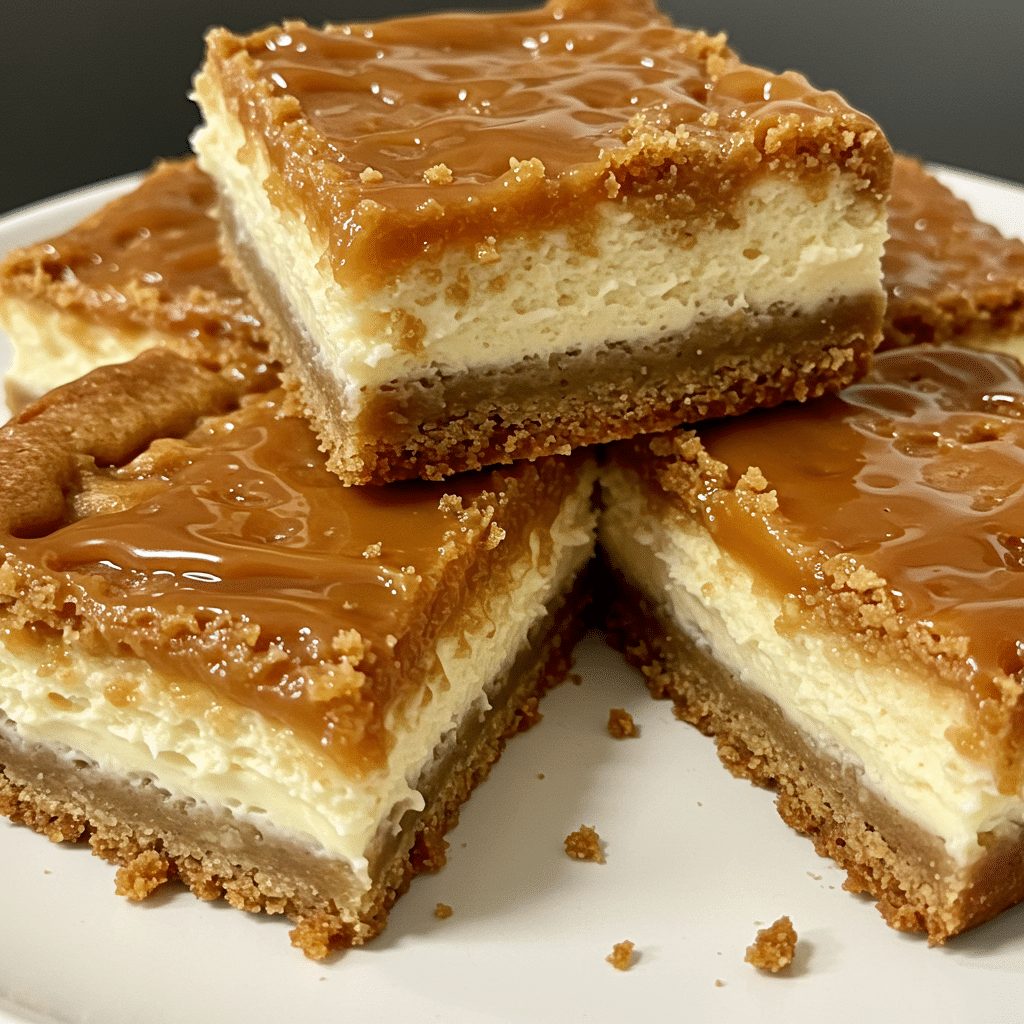 Golden caramel apple cheesecake bars with streusel topping and caramel drizzle, cut into squares and arranged on a white serving platter