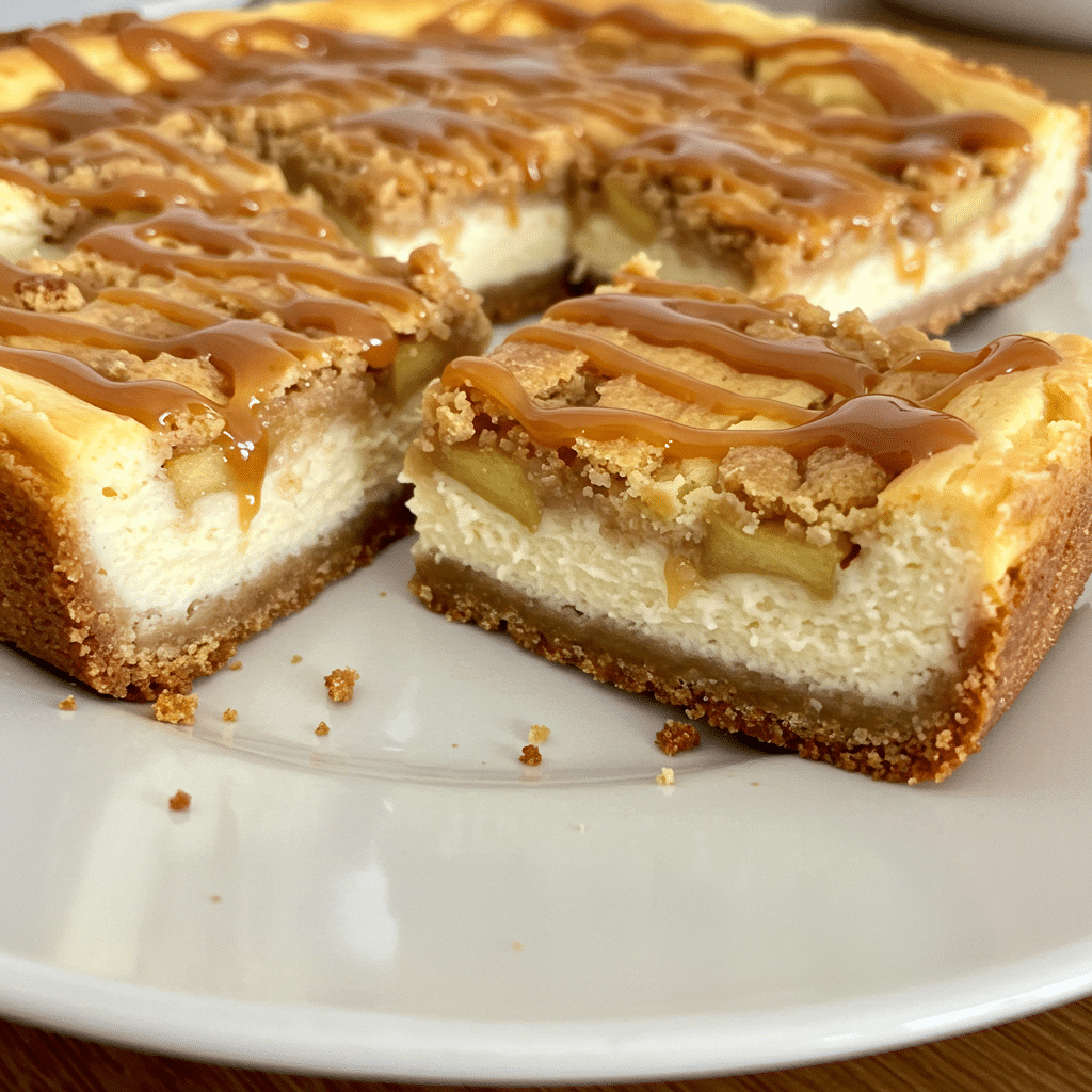 Golden caramel apple cheesecake bars with streusel topping and caramel drizzle, cut into squares and arranged on a white serving platter