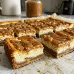 Caramel Apple Cheesecake Bars 10 Golden caramel apple cheesecake bars with streusel topping and caramel drizzle, cut into squares and arranged on a white serving platter
