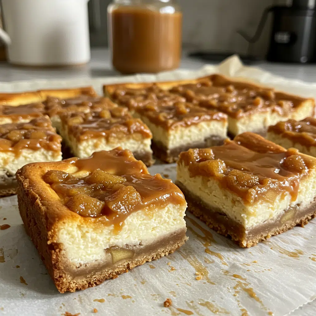 Caramel Apple Cheesecake Bars 9 Golden caramel apple cheesecake bars with streusel topping and caramel drizzle, cut into squares and arranged on a white serving platter