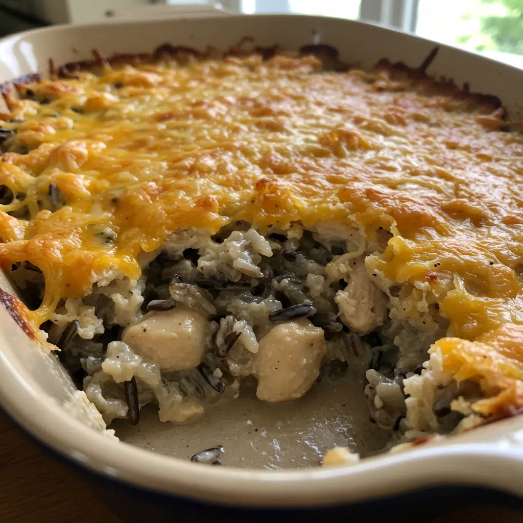 Home Page 55 Golden brown chicken wild rice casserole in a white baking dish, topped with melted Parmesan cheese and garnished with fresh herbs