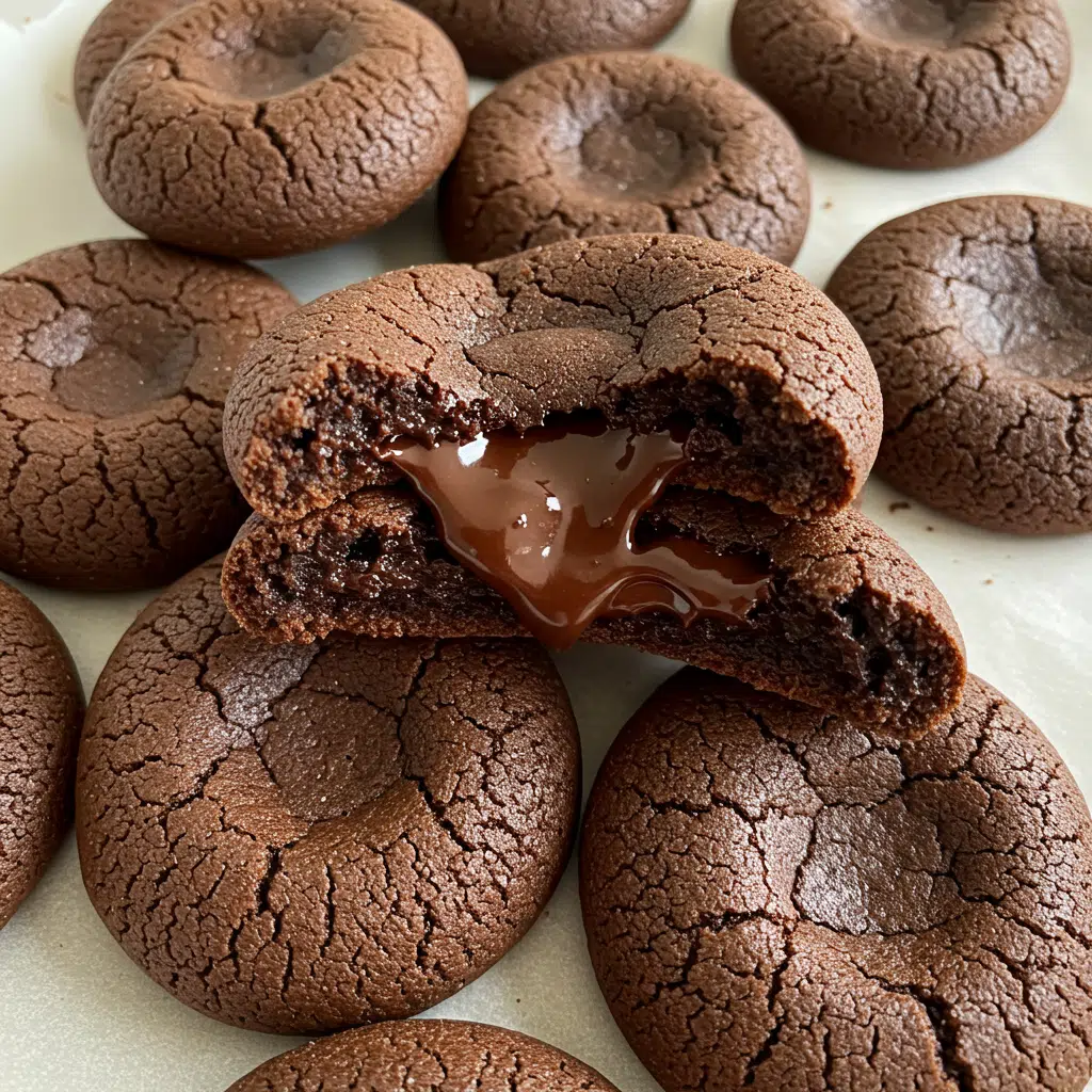 Irresistible Chocolate Lava Cookies 7 Chocolate lava cookies dusted with powdered sugar on a white plate, with one cookie broken open to show the molten ganache center flowing out