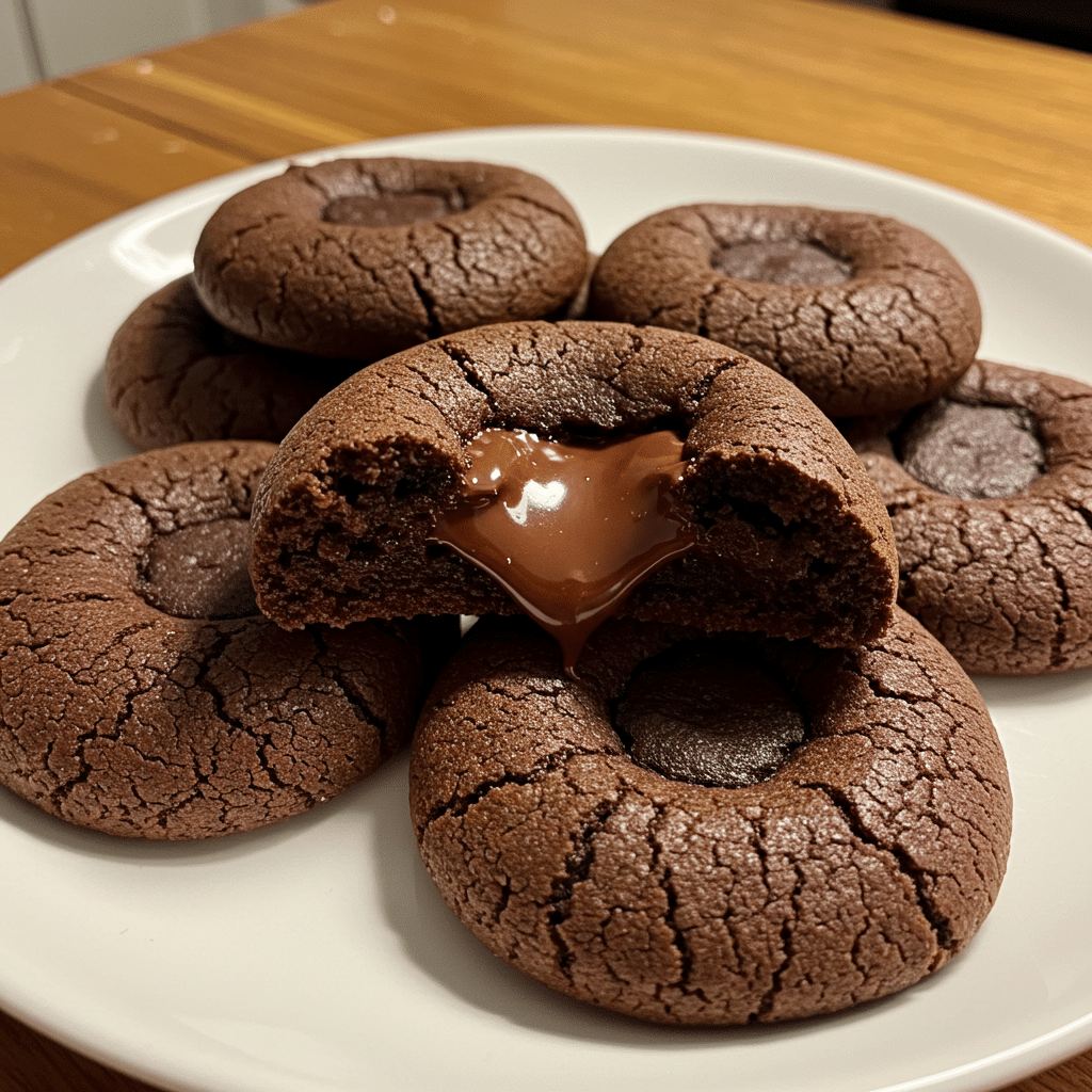 Chocolate lava cookies dusted with powdered sugar on a white plate, with one cookie broken open to show the molten ganache center flowing out