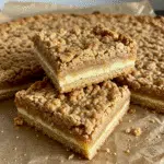 Apple Crisp Shortbread Bars 8 Golden brown apple crisp shortbread bars with three distinct layers - buttery shortbread base, spiced apple middle, and crumbly oat topping, cut into squares and displayed on a white serving plate.