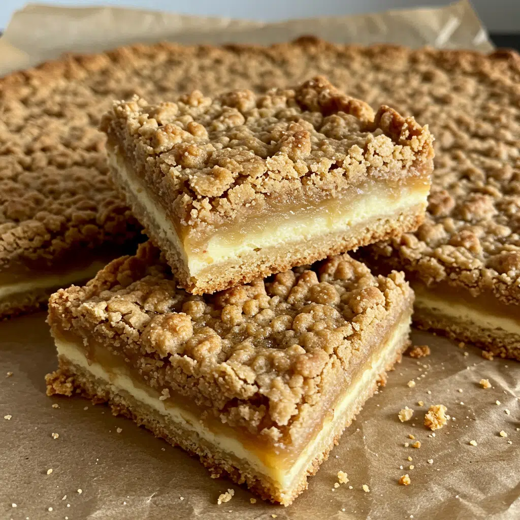 Apple Crisp Shortbread Bars 7 Golden brown apple crisp shortbread bars with three distinct layers - buttery shortbread base, spiced apple middle, and crumbly oat topping, cut into squares and displayed on a white serving plate.