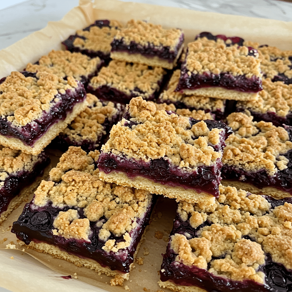 Golden brown blueberry crumble bars cut into squares, showing layers of buttery crust, juicy blueberry filling, and crumbly topping
