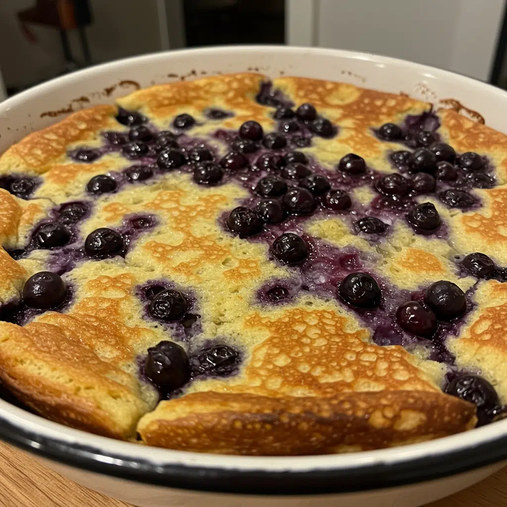 Blueberry Buttermilk Pancake Casserole 7 Golden brown blueberry buttermilk pancake casserole with crumb topping in a 9x13 baking dish, garnished with fresh blueberries and powdered sugar
