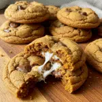 Pumpkin S'mores Cookies 8 Golden-brown pumpkin S'mores cookies loaded with melted marshmallows, chocolate chips, and graham cracker crumbs on a white plate