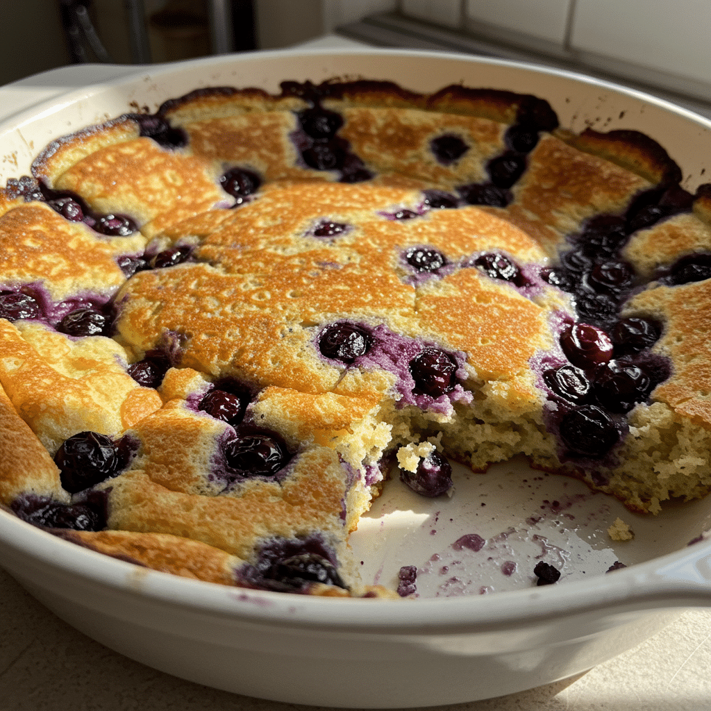 Golden brown blueberry buttermilk pancake casserole with crumb topping in a 9x13 baking dish, garnished with fresh blueberries and powdered sugar