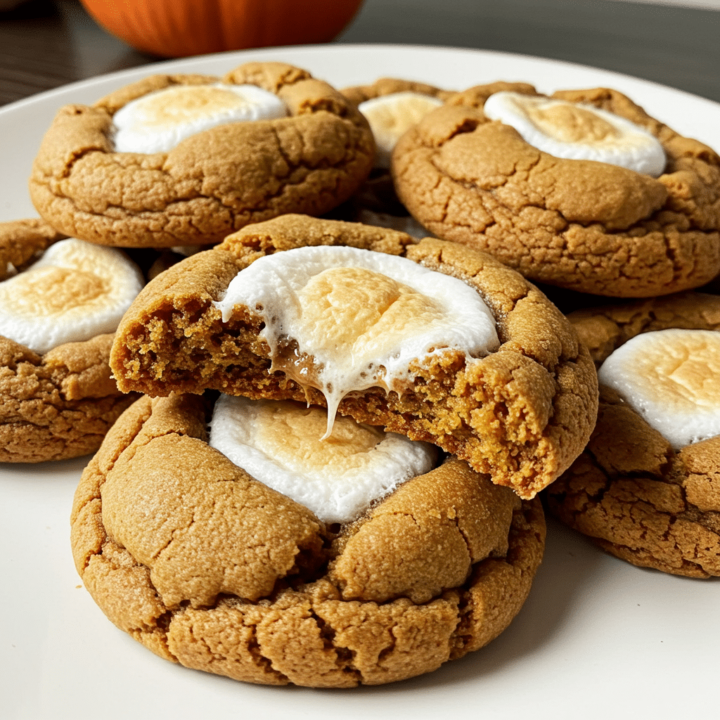 Golden-brown pumpkin S'mores cookies loaded with melted marshmallows, chocolate chips, and graham cracker crumbs on a white plate