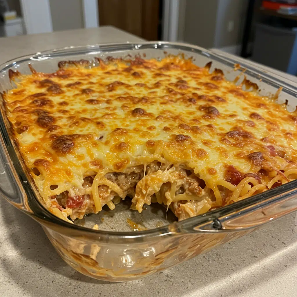 Home Page 53 Golden-topped spicy southern chicken spaghetti casserole in a white baking dish with melted cheese and crispy breadcrumb topping