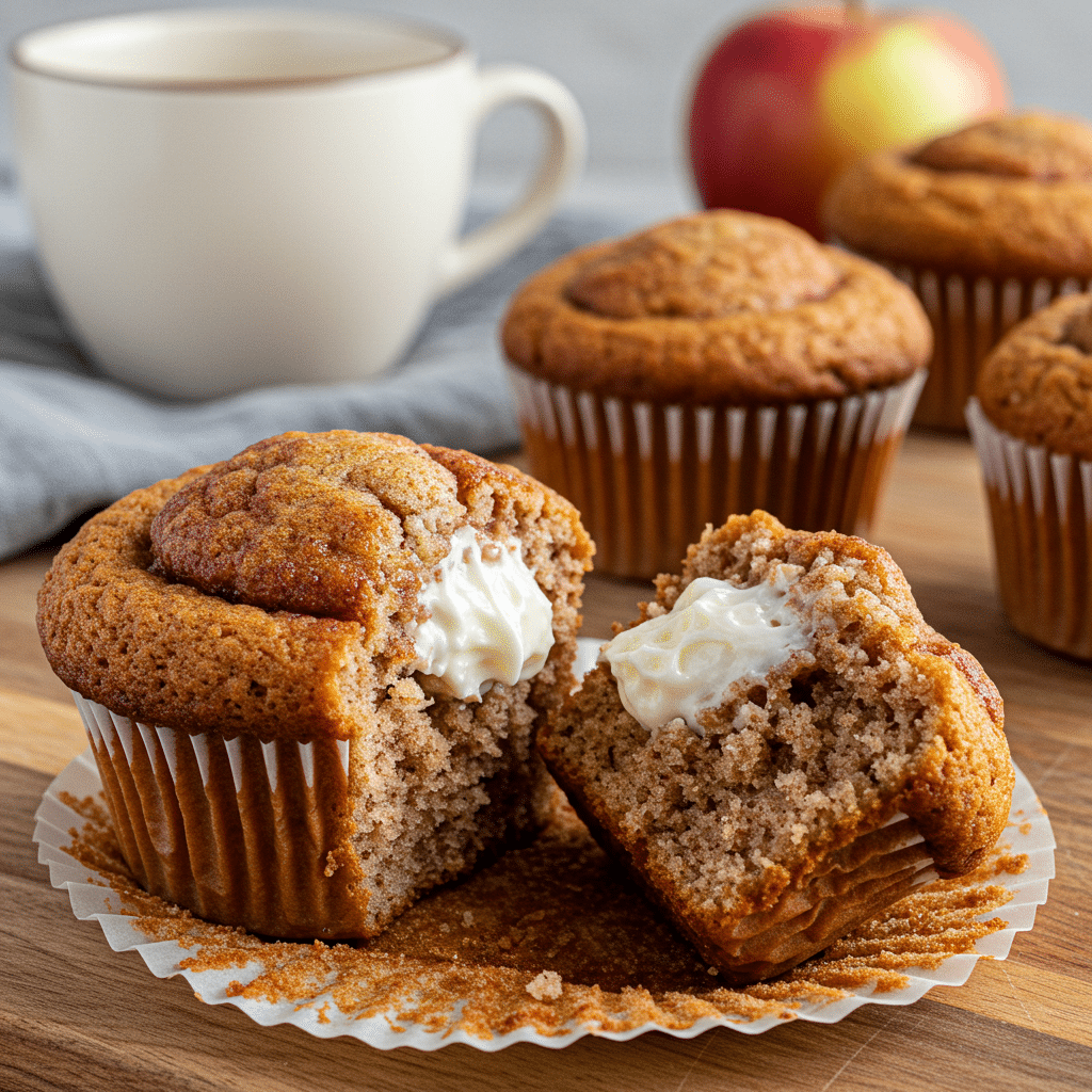 Freshly baked apple cinnamon muffins with golden brown tops covered in cinnamon sugar coating, arranged on a wire cooling rack
