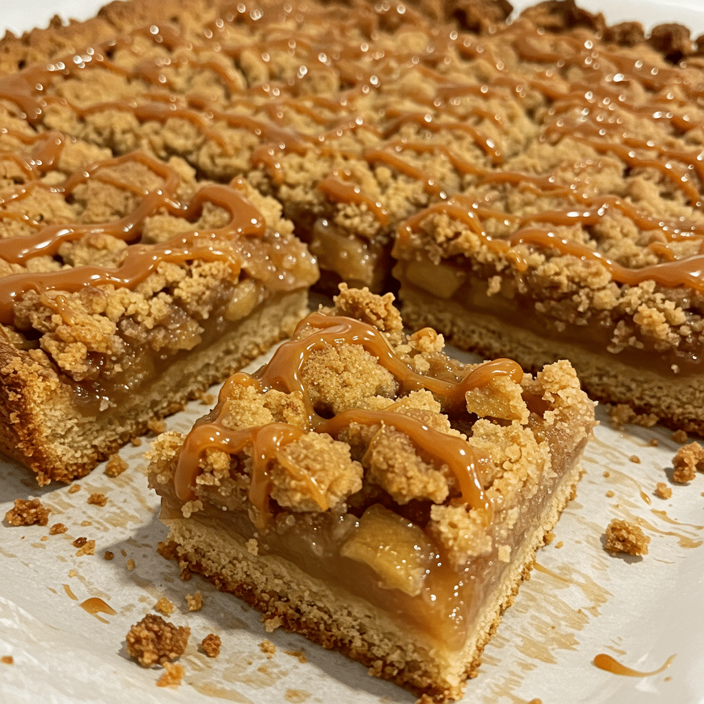 Golden brown caramel apple crumb bars cut into squares, showing layers of buttery crumb base, tender spiced apples with ribbons of caramel, topped with more golden crumble