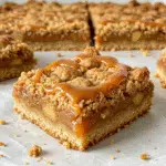 Golden brown caramel apple crumb bars cut into squares, showing layers of buttery crumb base, tender spiced apples with ribbons of caramel, topped with more golden crumble