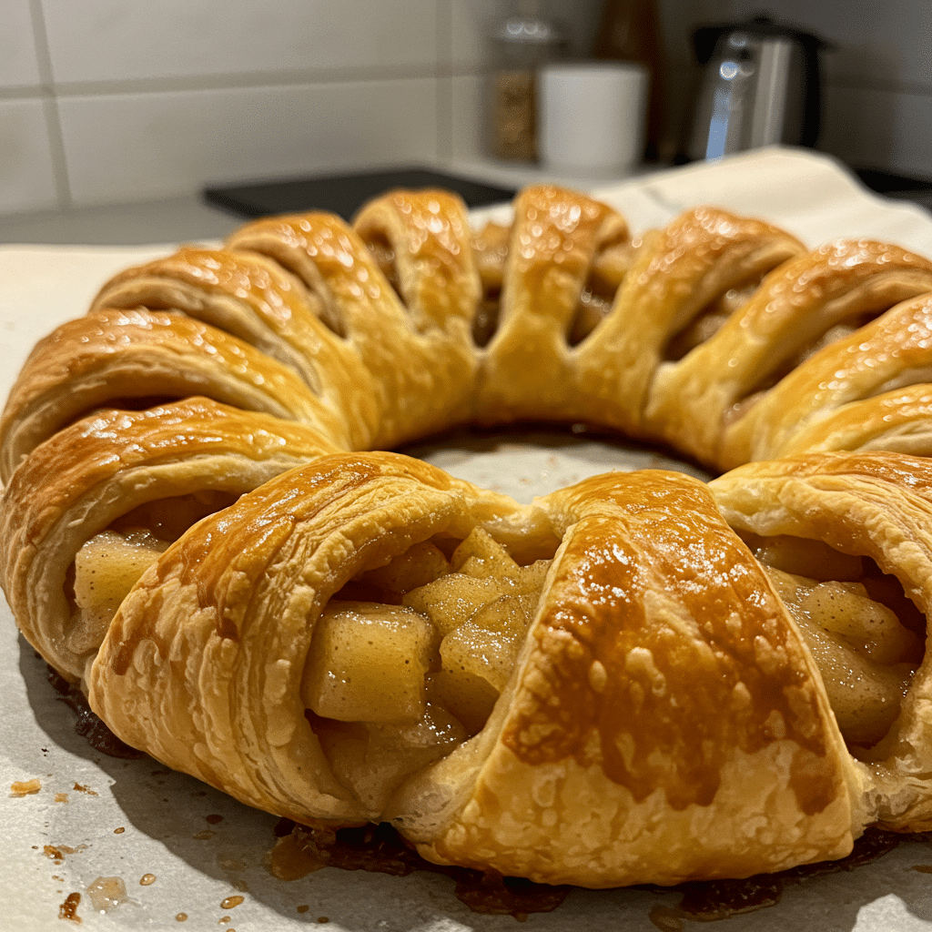 Golden-brown Apple Puff Pastry Ring, dusted with cinnamon sugar, arranged on parchment paper