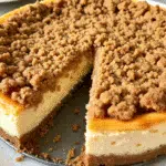 Apple Crumble Cheesecake 8 apple crumble cheesecake on a white plate, showing distinct layers of graham cracker crust, creamy cheesecake filling, cinnamon-spiced apple chunks, and golden brown crumble topping, drizzled with caramel sauce