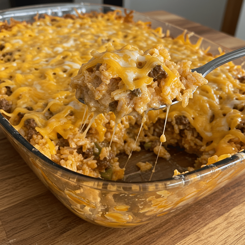 Skillet of cheesy taco rice with pico de gallo on top, tortilla chips on the side