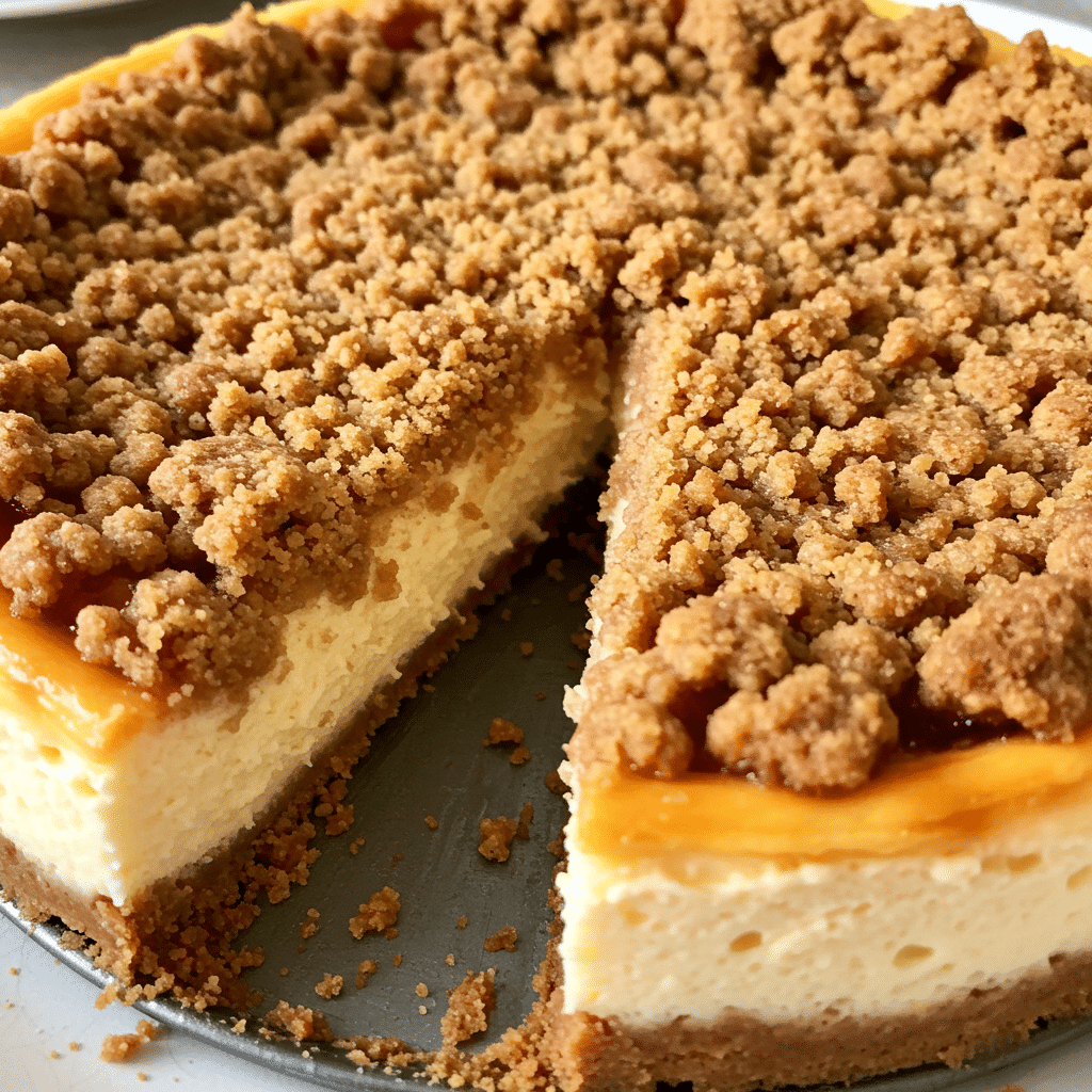 Apple Crumble Cheesecake 4 apple crumble cheesecake on a white plate, showing distinct layers of graham cracker crust, creamy cheesecake filling, cinnamon-spiced apple chunks, and golden brown crumble topping, drizzled with caramel sauce