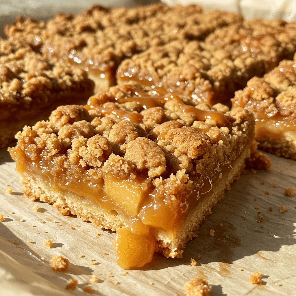 Golden brown caramel apple crumb bars cut into squares, showing layers of buttery crumb base, tender spiced apples with ribbons of caramel, topped with more golden crumble