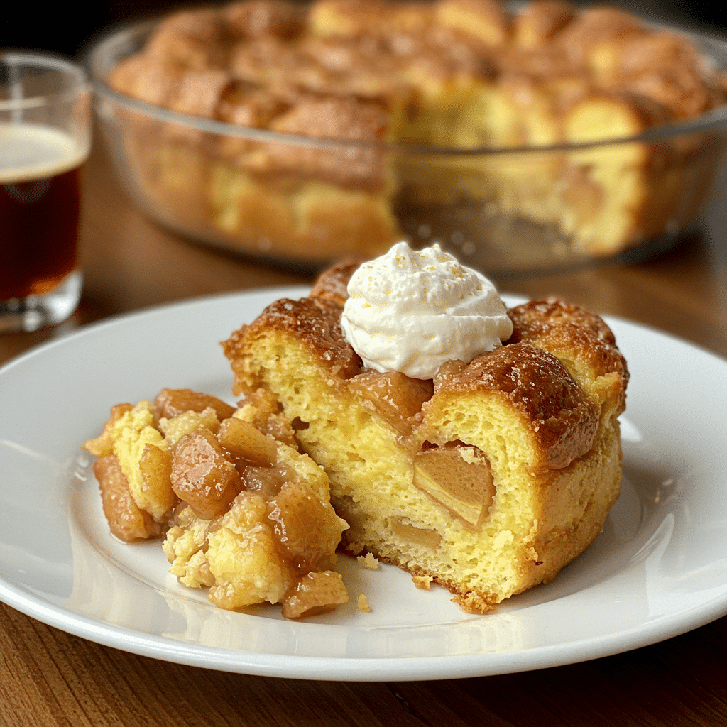 Golden-brown apple pie bread pudding in white baking dish with caramelized apples visible throughout, drizzled with apple cooking juice