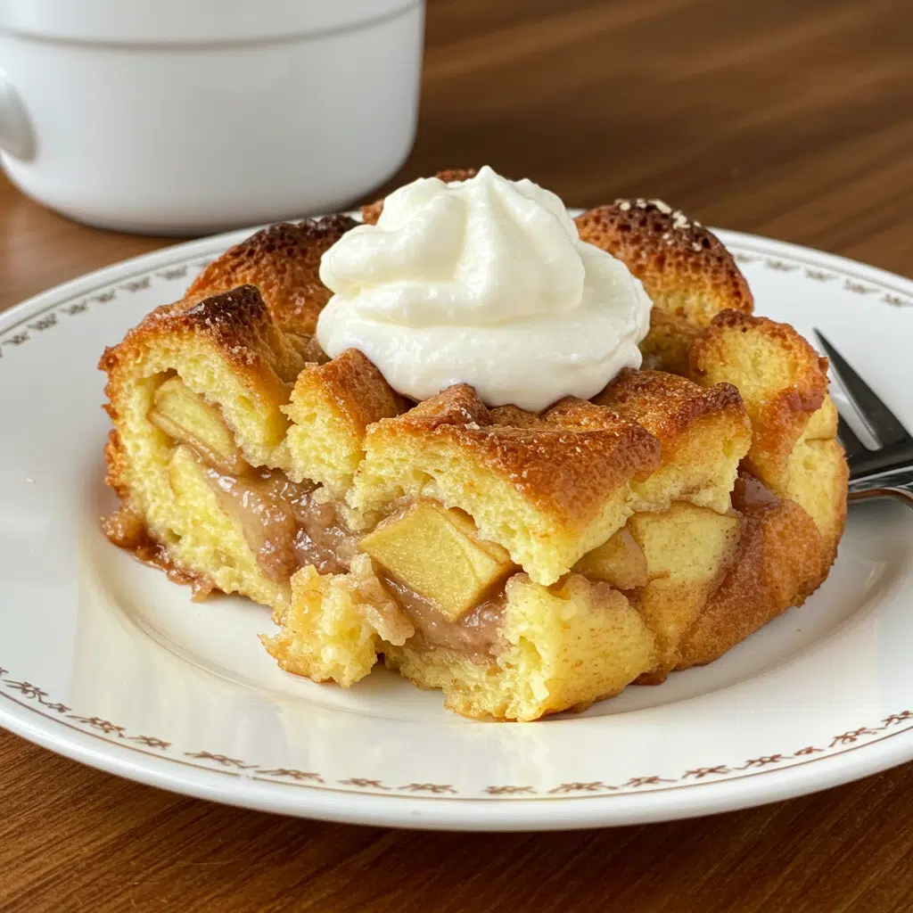 Apple Pie Bread Pudding 9 Golden-brown apple pie bread pudding in white baking dish with caramelized apples visible throughout, drizzled with apple cooking juice