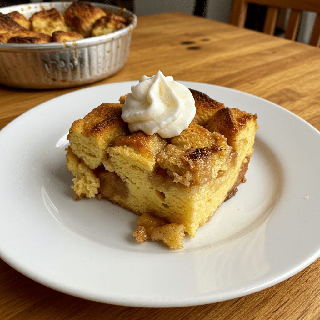 Golden-brown apple pie bread pudding in white baking dish with caramelized apples visible throughout, drizzled with apple cooking juice