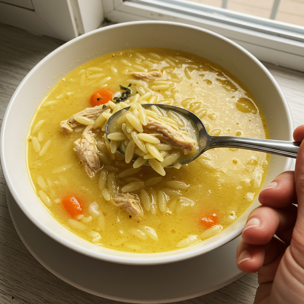 A steaming bowl of golden lemon chicken orzo soup with visible pieces of tender shredded chicken, orzo pasta, carrots, and celery, garnished with fresh parsley
