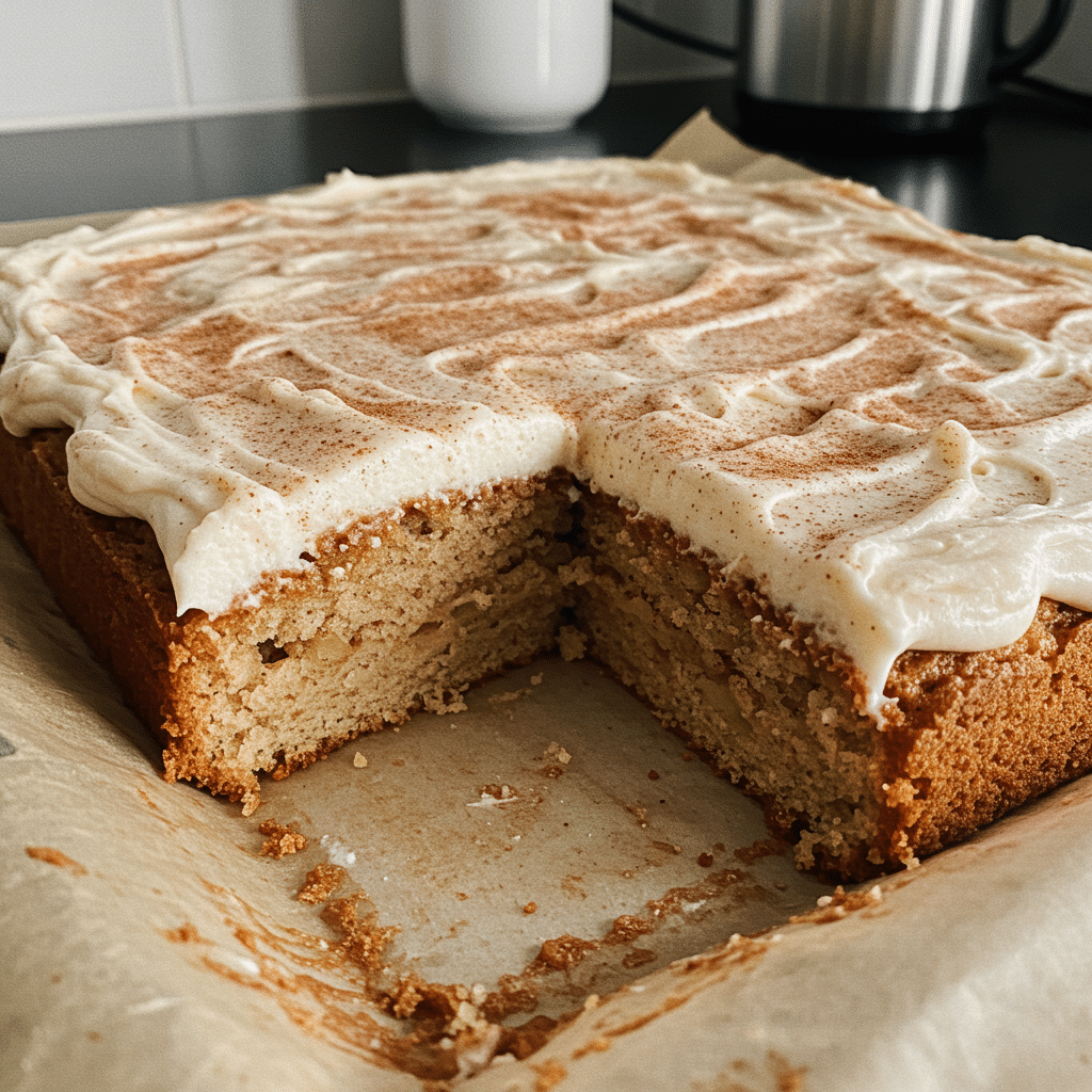 Golden brown apple cinnamon sheet cake in a 9x13 baking pan, topped with glazed apple slices and drizzled with white icing