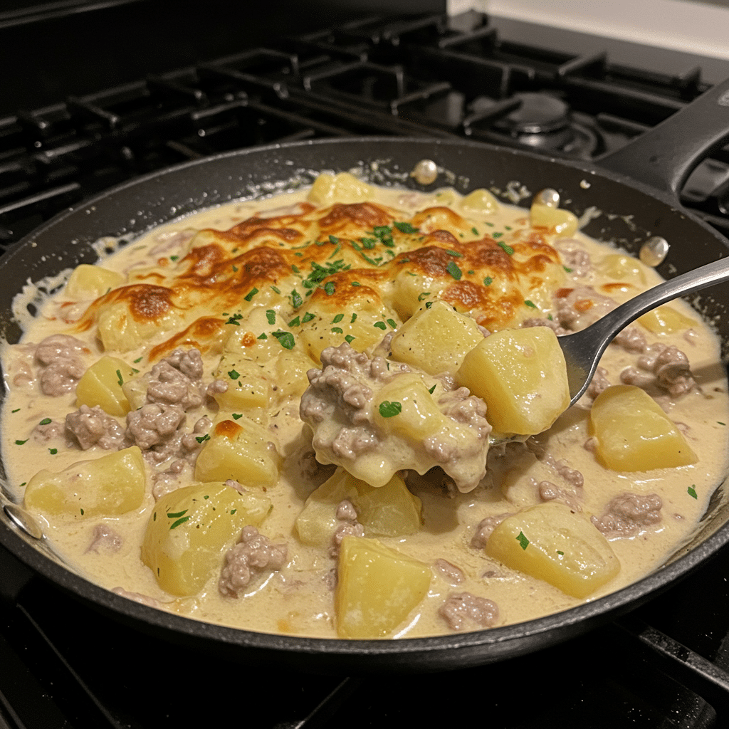 A close-up photo of a One Pan Creamy Meat and Potato Skillet garnished with fresh herbs