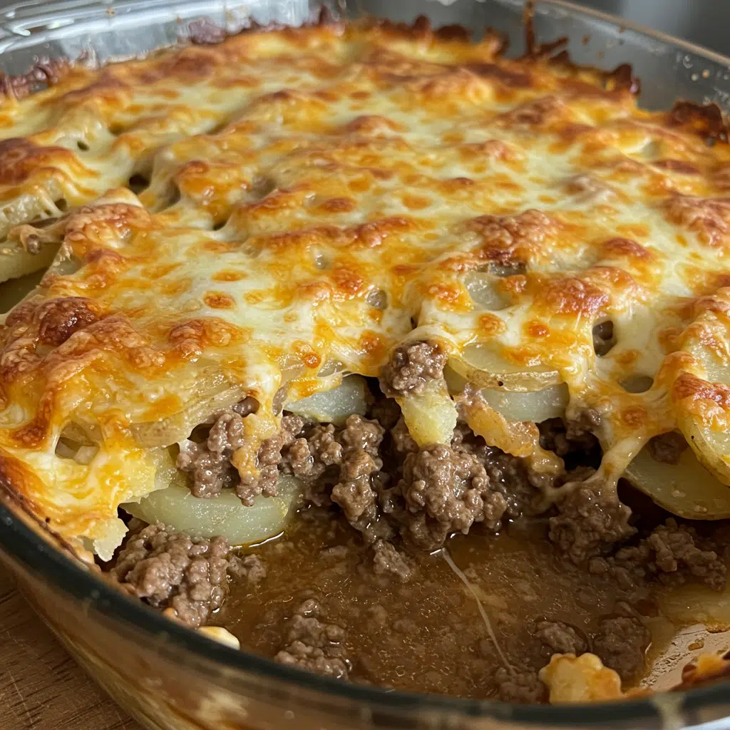Home Page 58 Golden, bubbly hamburger potato casserole with melted cheddar cheese in a white baking dish