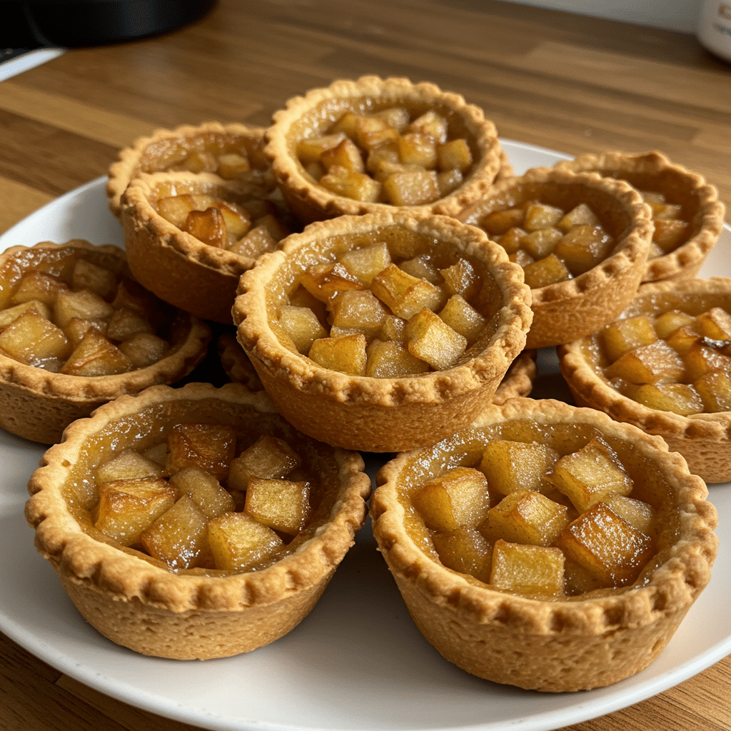 Golden-brown mini apple tarts with visible chunks of cinnamon-spiced apples in flaky pastry shells, arranged on a white serving plate