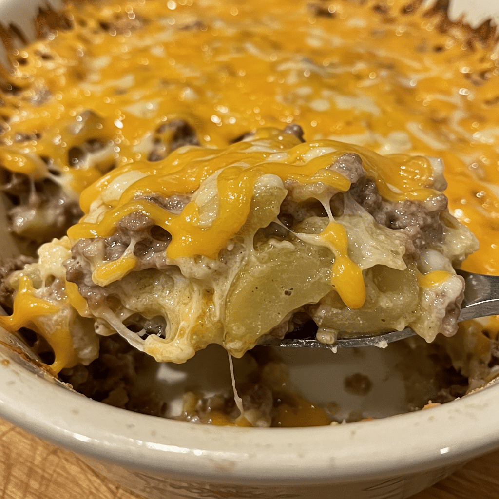 Crockpot Cheesesteak Potato Casserole topped with melted cheddar and fresh parsley